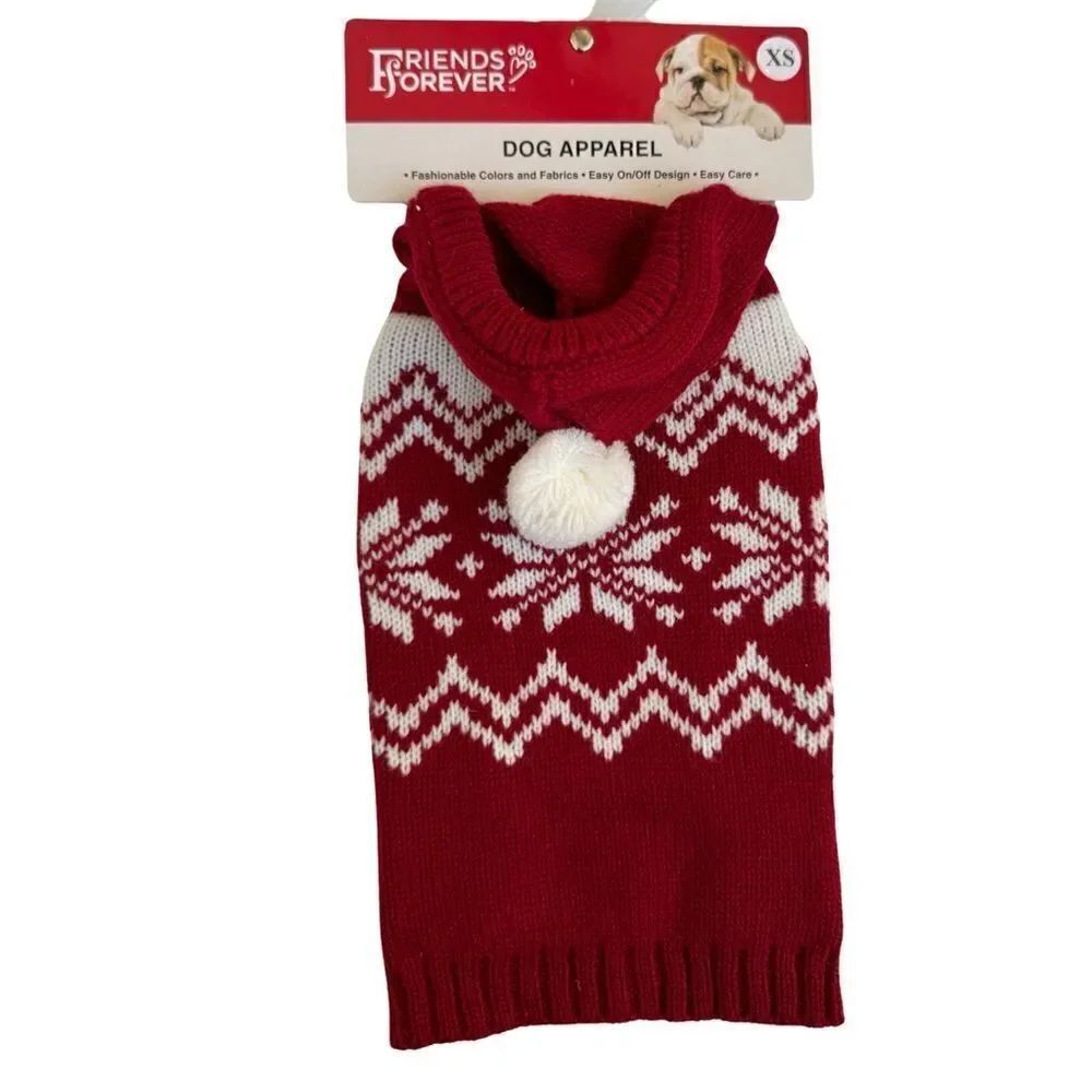 Friends Forever Knit Pet Holiday Snowflake Red White Ugly Sweater Hooded Pom NWT